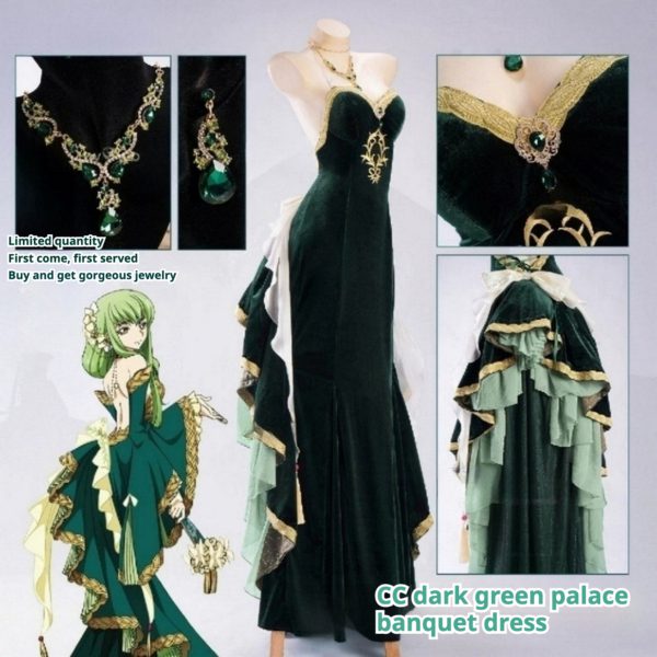 Code Geass C.C. Cosplay – Court Style Dark Green Gown for Women - Image 3