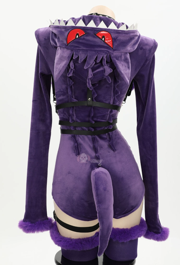 Gengar-Inspired Purple Plush Cosplay Bodysuit for Women – Cute Demon Girl Anime Style Onesie - Image 3