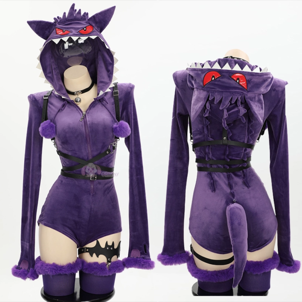 Gengar-Inspired Purple Plush Cosplay Bodysuit for Women – Cute Demon Girl Anime Style Onesie