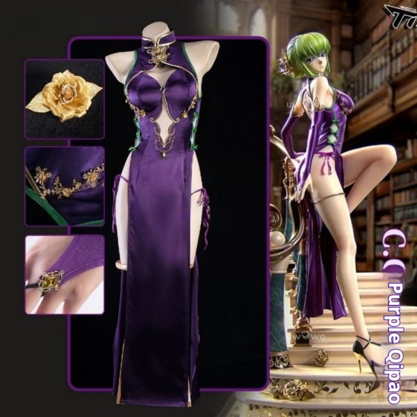 C.C. Cosplay Costume – Code Geass Purple Cheongsam Dress for Women - Image 2